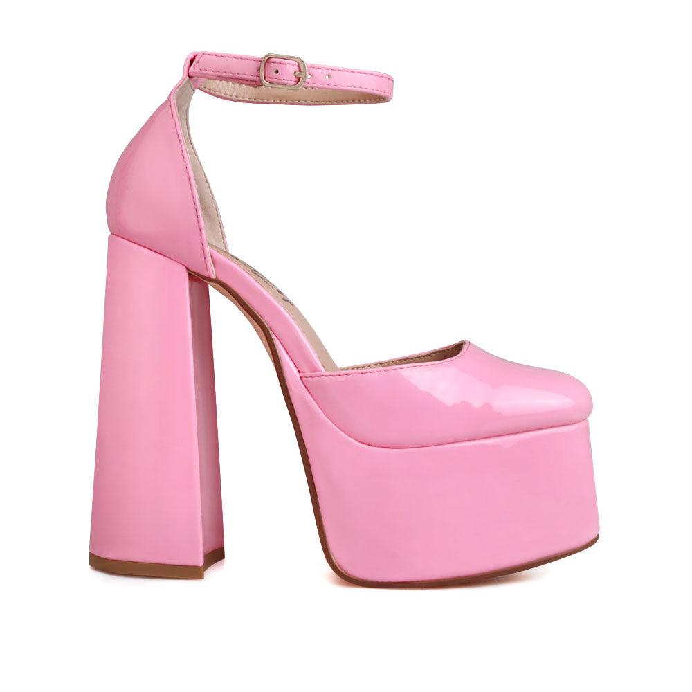 Vegan leather women's platform heel in pink-side view