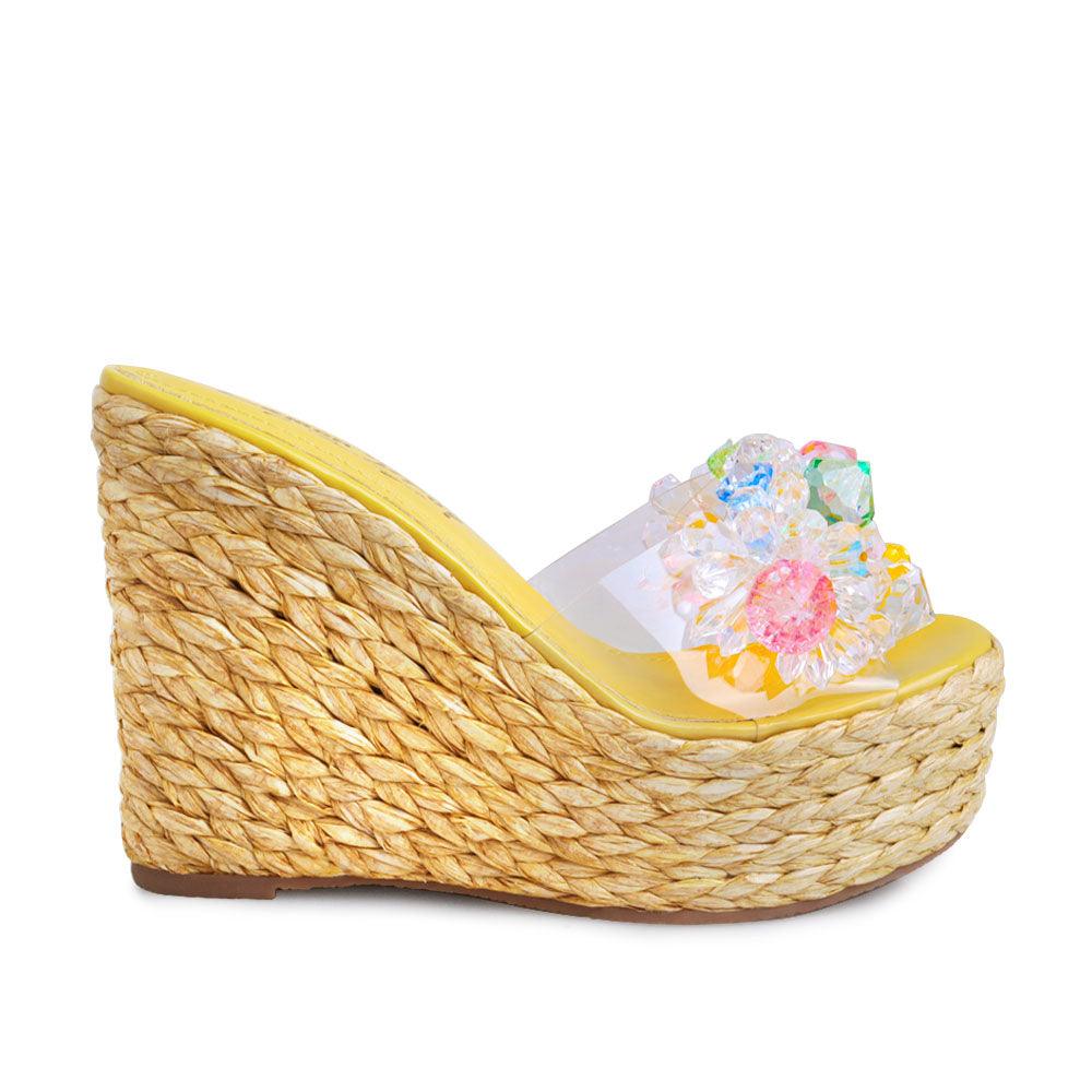 Clear vinyl upper with rhinestones women's slip on platform heel in yellow -side view