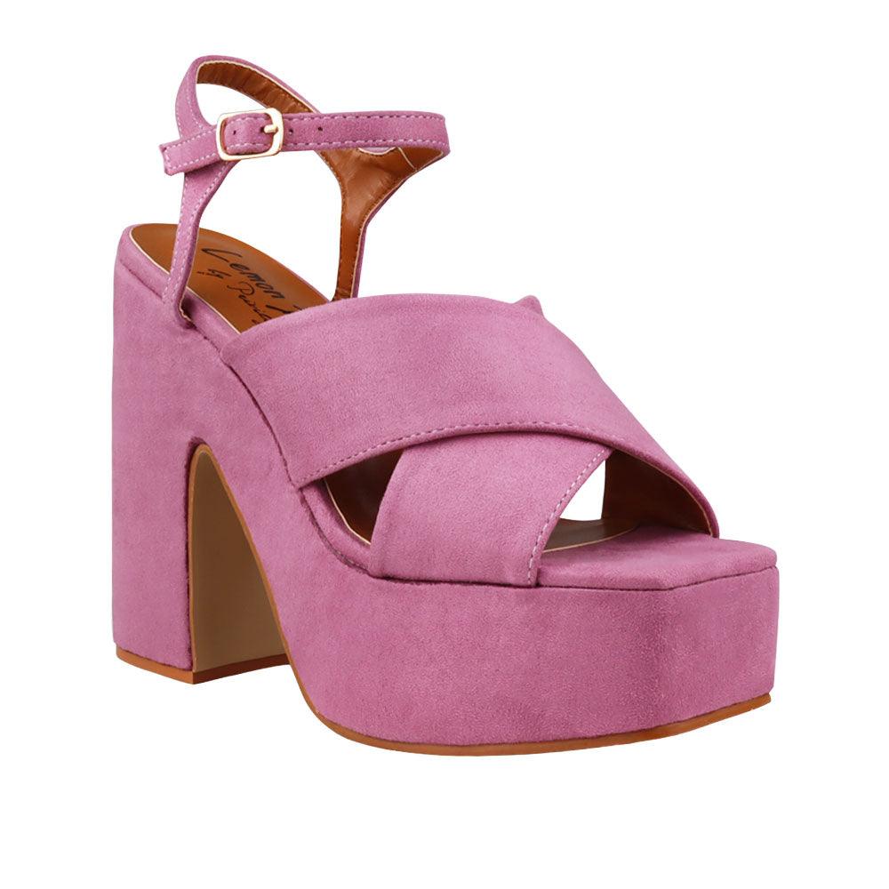 Lilac coloured vegan leather open toe women block heel-corner view