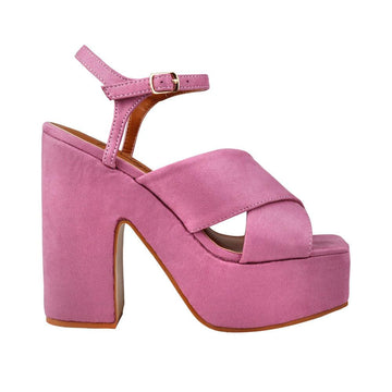 Lilac coloured vegan leather open toe women block heel-side view
