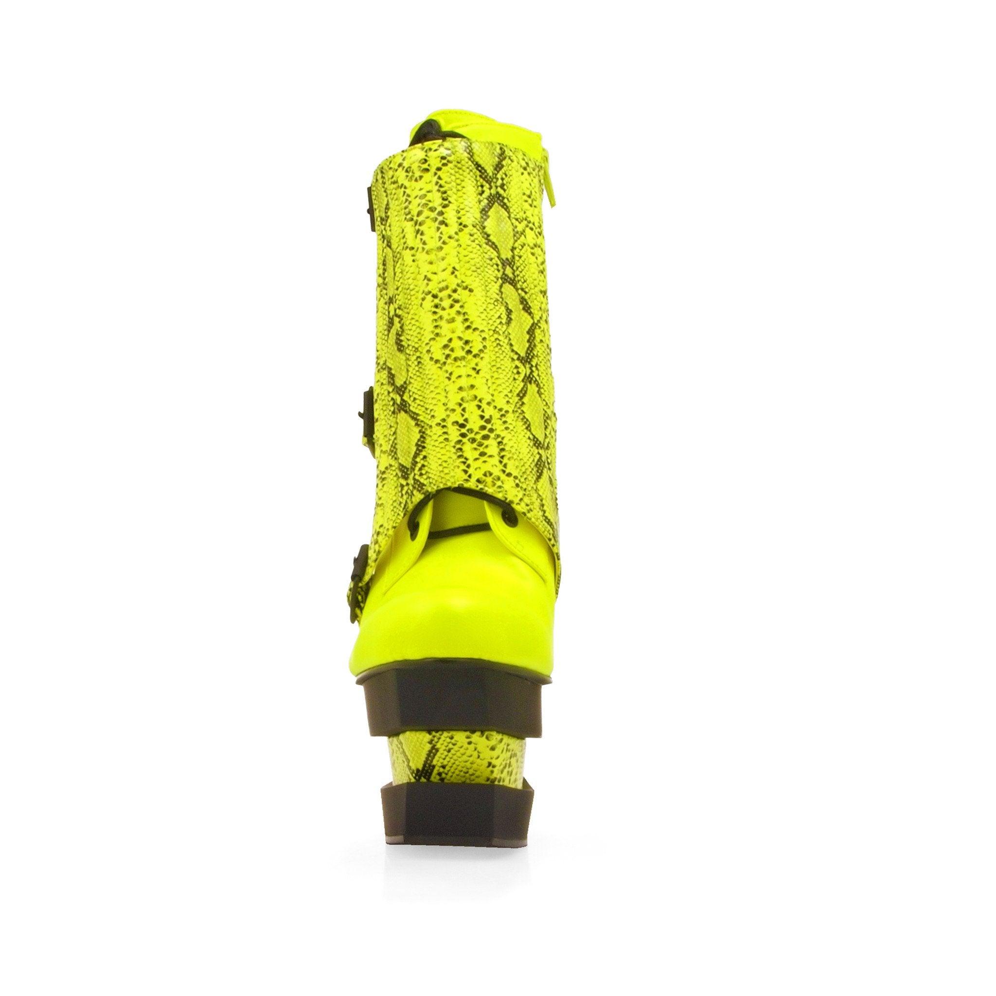 Leatherette snake print platform women's heel in neon yellow-front view