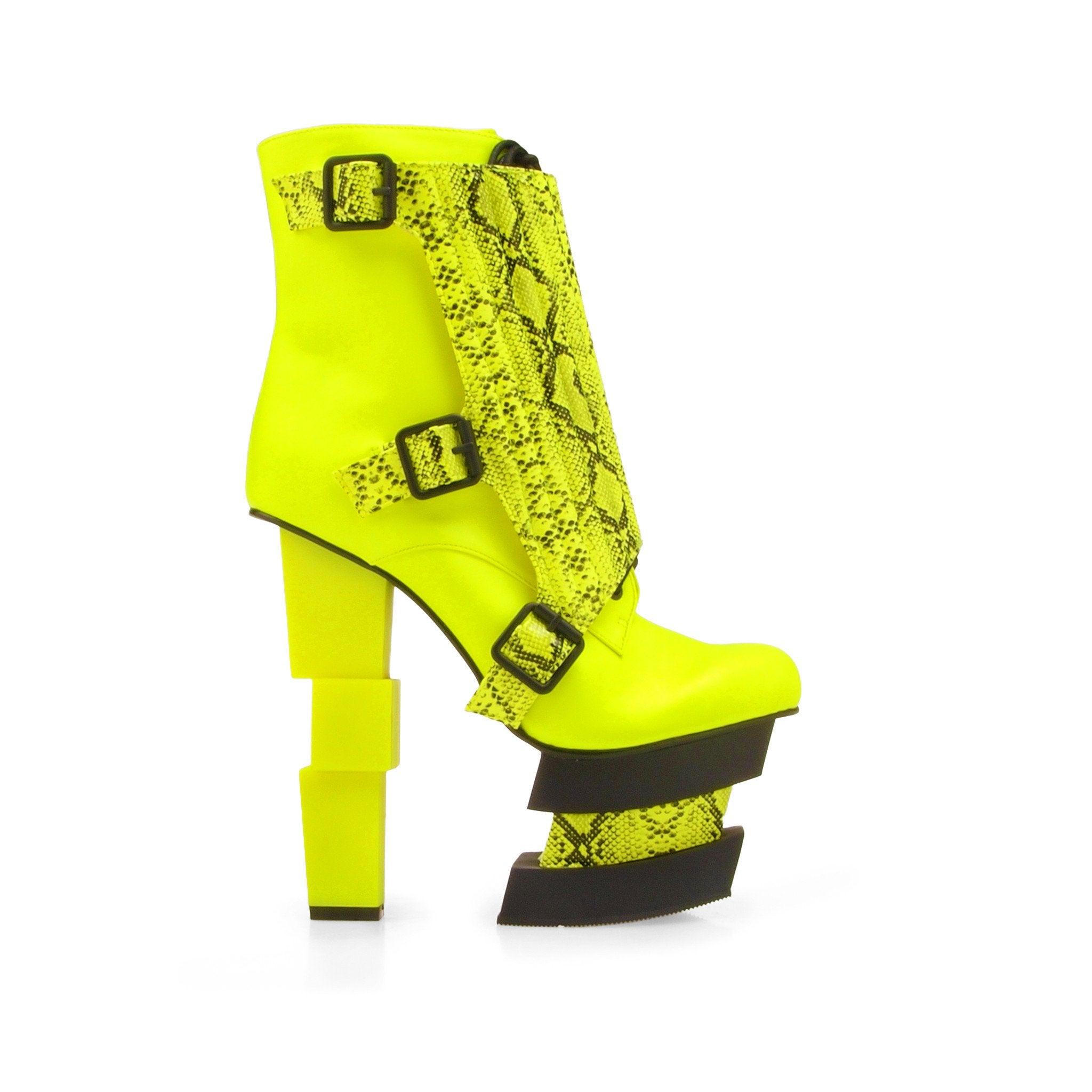 Leatherette snake print platform women's heel in neon yellow-side view