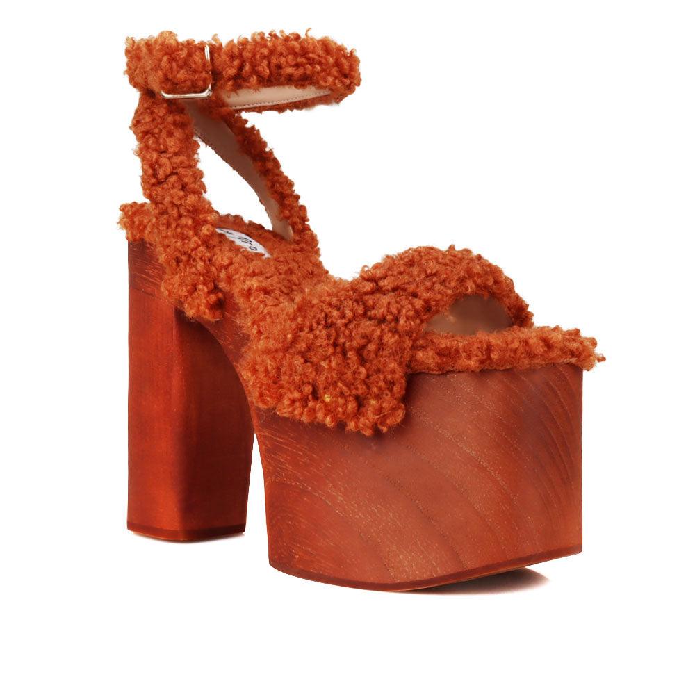 Shaggy upper women's platform block heel in camel-corner view