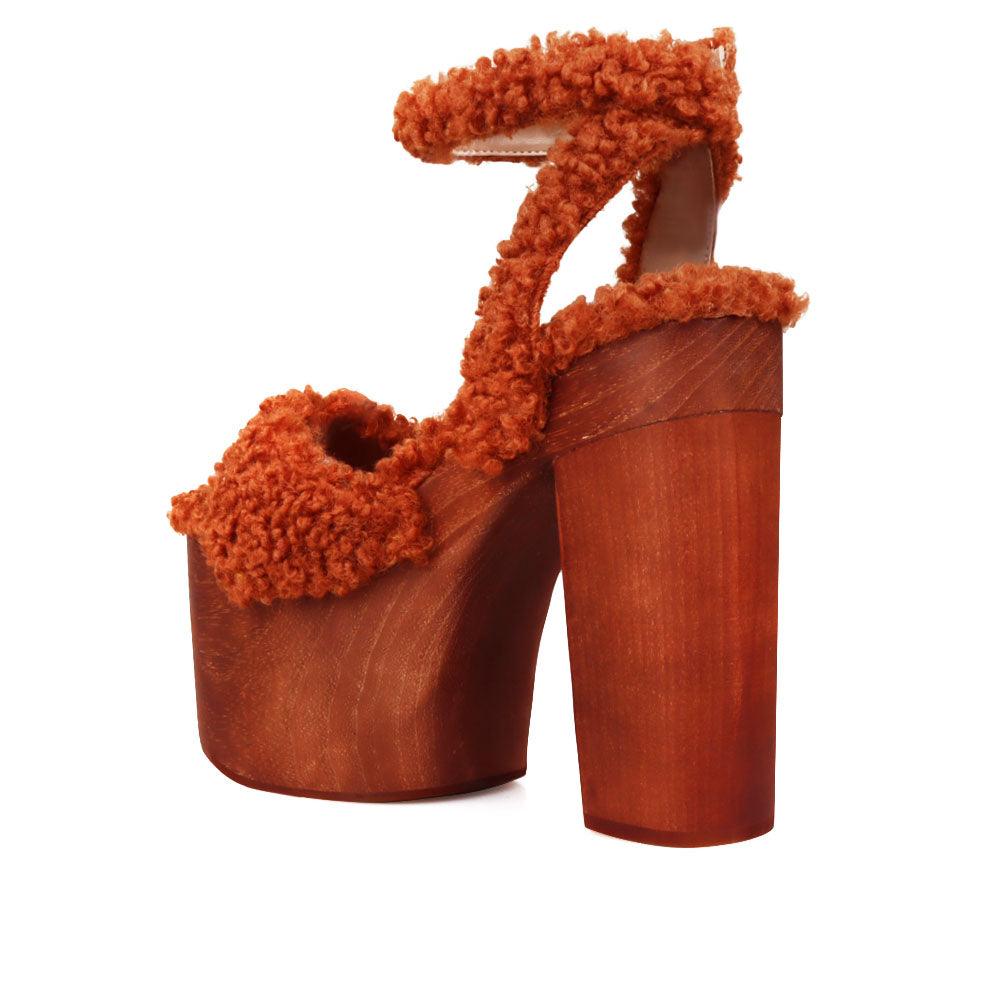 Shaggy upper women's platform block heel in camel-posterior view