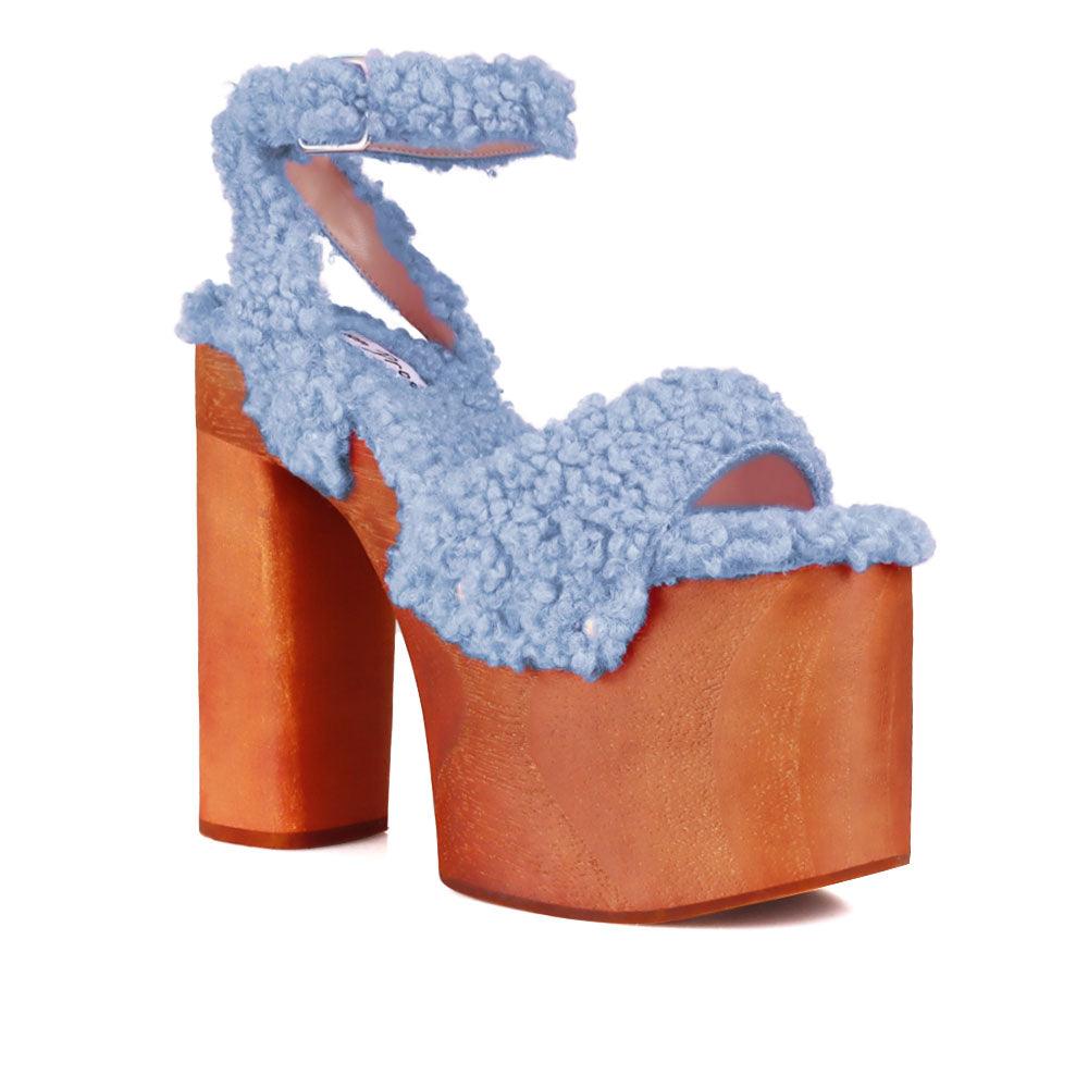 Shaggy upper women's platform block heel in blue-corner view