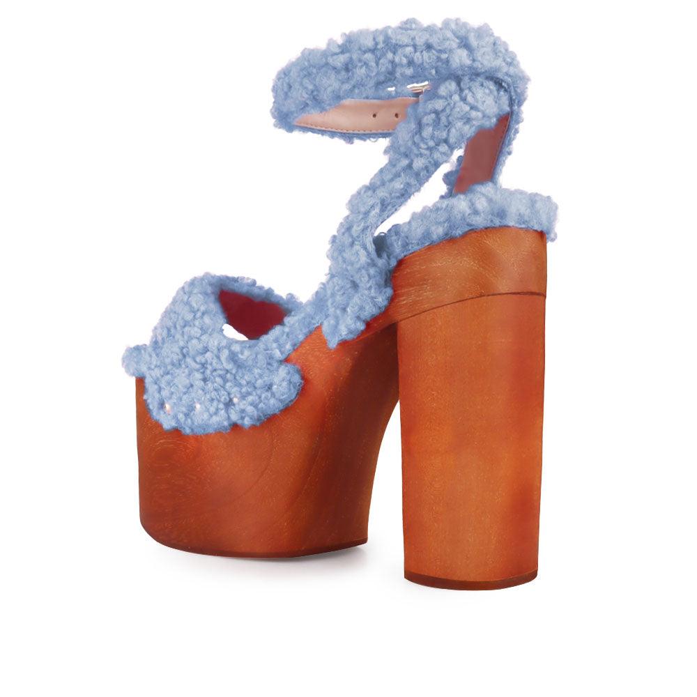 Shaggy upper women's platform block heel in blue-posterior view