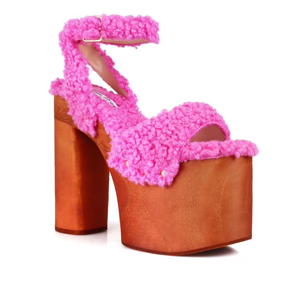 Shaggy upper women's platform block heel in fuchsia -corner view