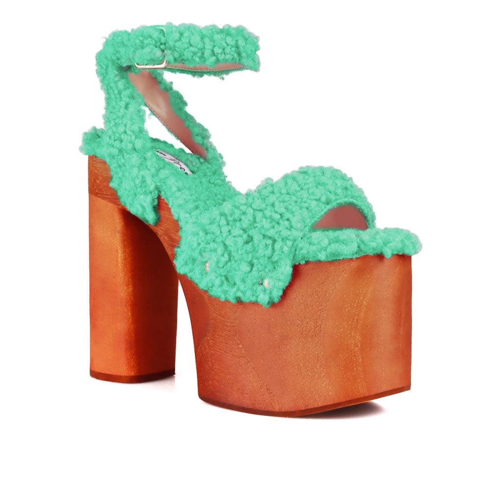 Shaggy upper women's platform block heel in green-corner view