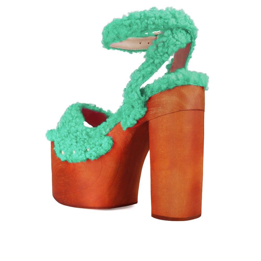 Shaggy upper women's platform block heel in green-posterior view