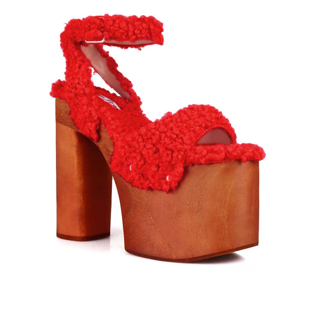 Shaggy upper women's platform block heel in red-corner view