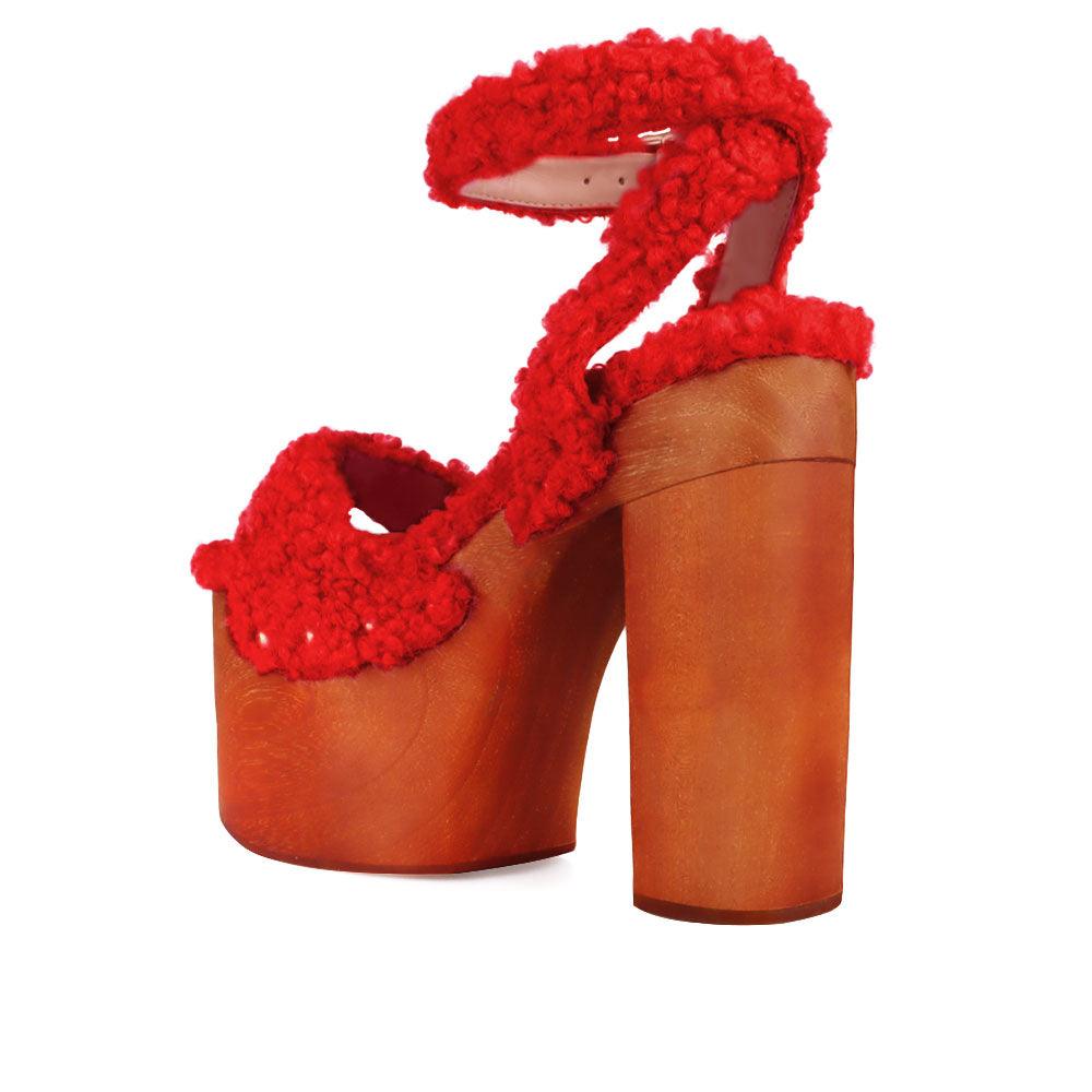 Shaggy upper women's platform block heel in red-posterior view