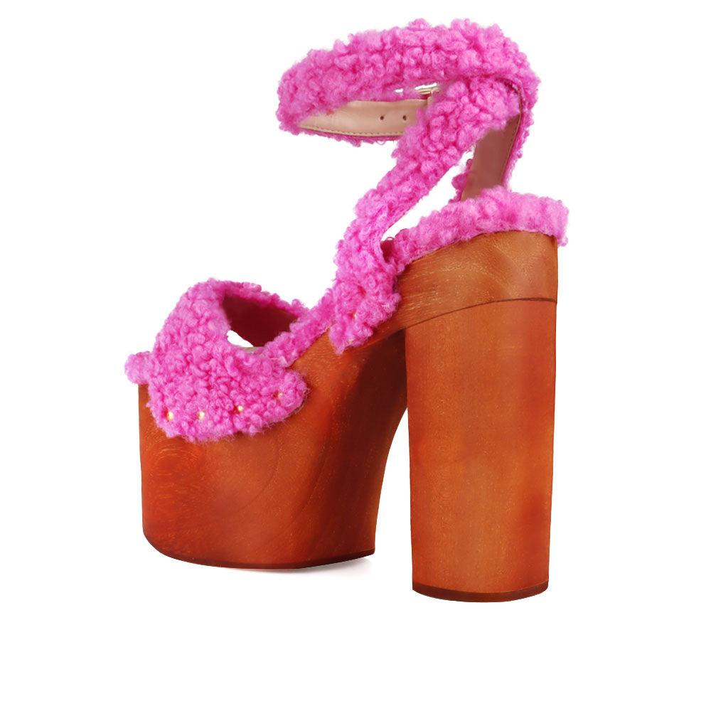 Shaggy upper women's platform block heel in fuchsia -posterior view