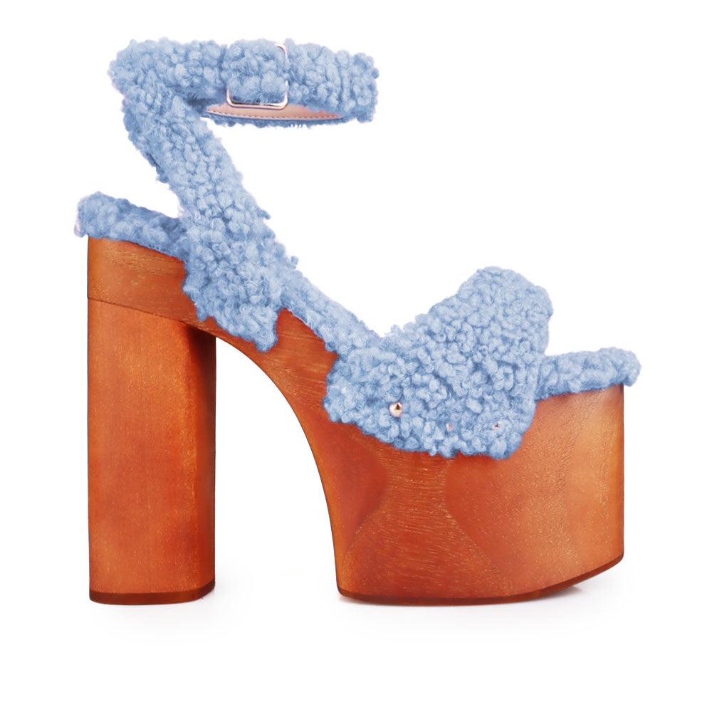 Shaggy upper women's platform block heel in blue-side view