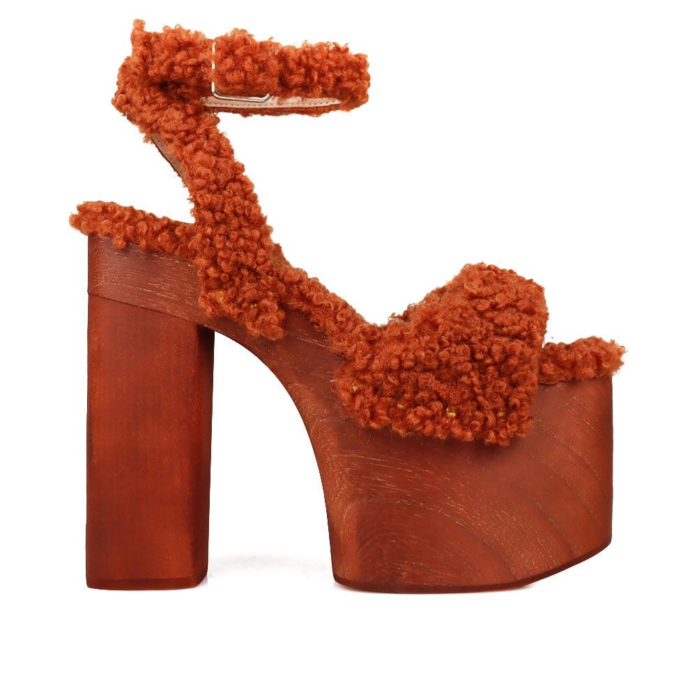 Shaggy upper women's platform block heel in camel-side view