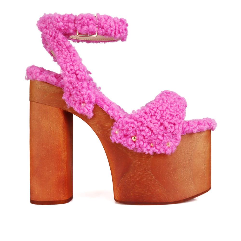 Shaggy upper women's platform block heel in fuchsia-side view