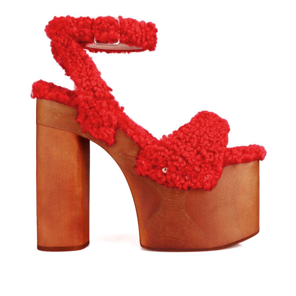 Shaggy upper women's platform block heel in red-side view