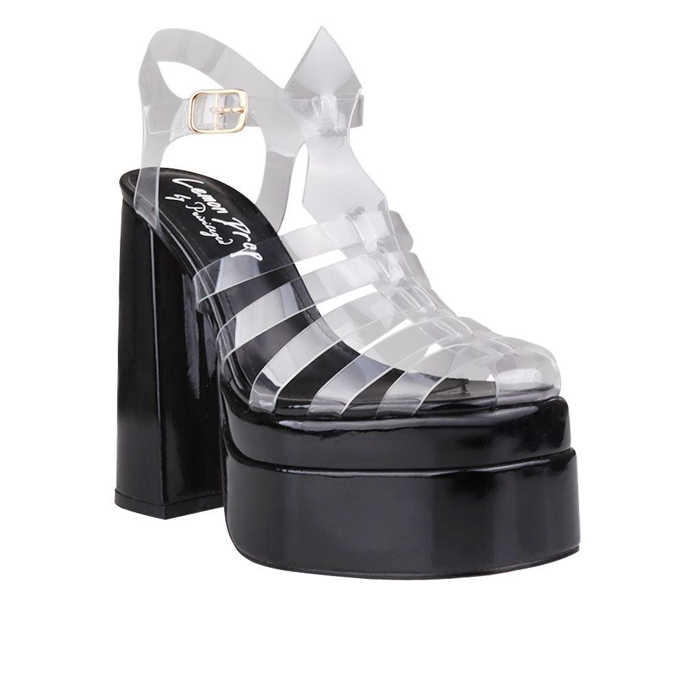 Vegan leather metallic women's block heel with platform in black-corner view