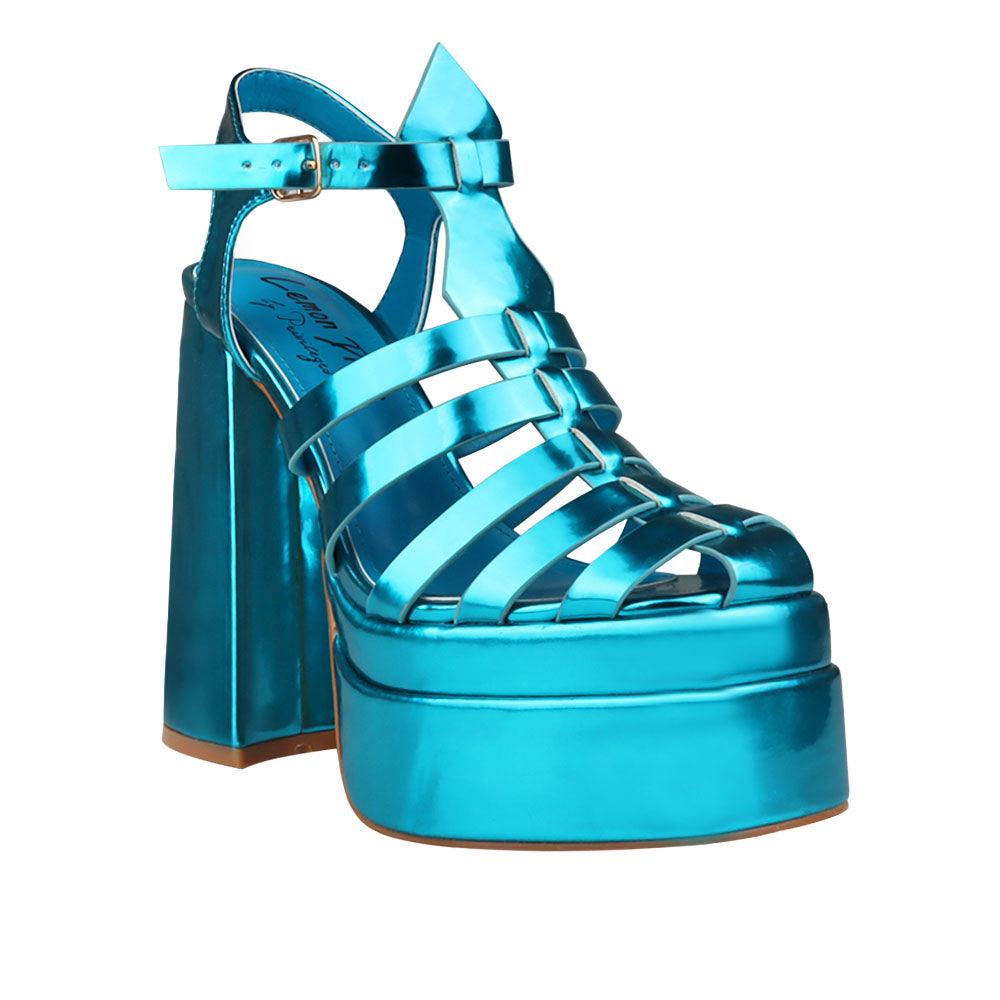 Vegan leather metallic women's block heel with platform in teal-corner view