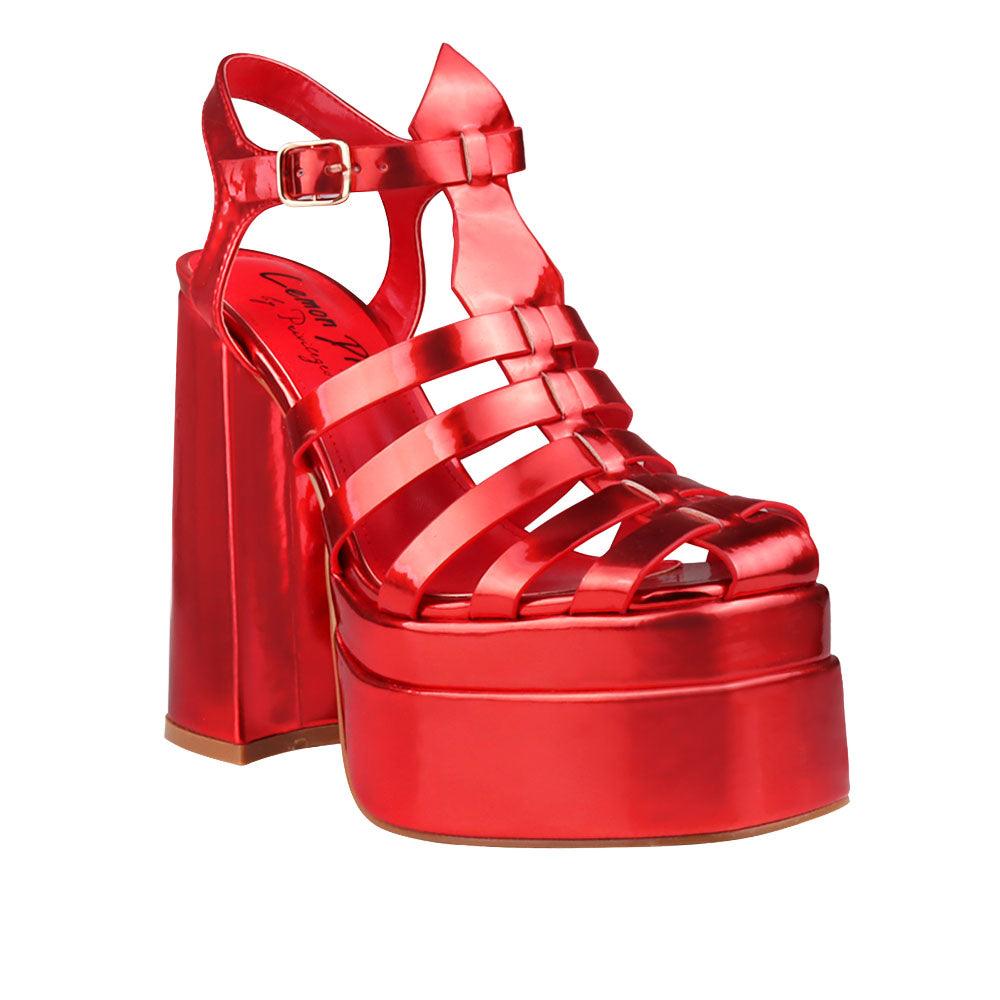 Vegan leather metallic women's block heel with platform in red-corner view