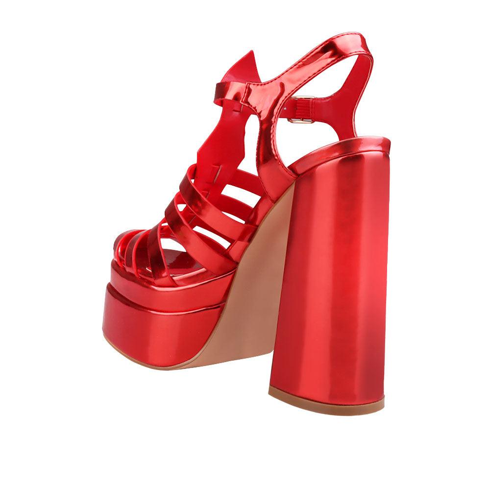 Vegan leather metallic women's block heel with platform in red-posterior view