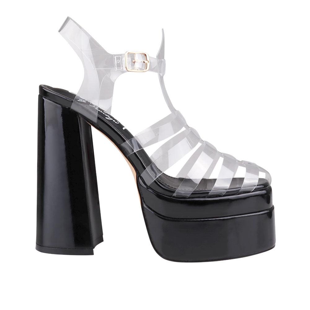 Vegan leather metallic women's block heel with platform in black-side view