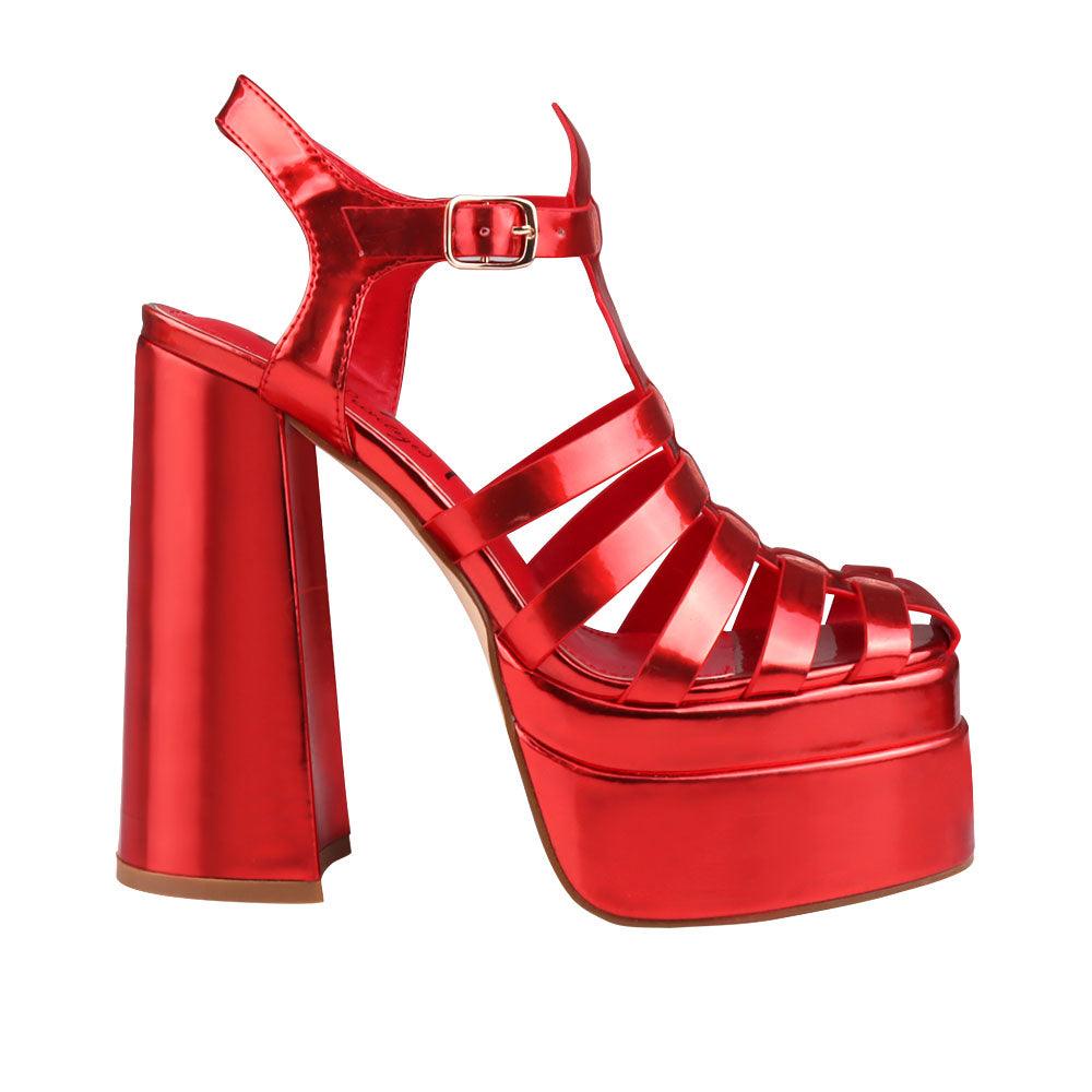 Vegan leather metallic women's block heel with platform in red-side view