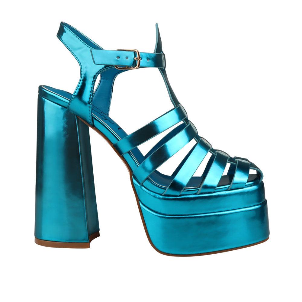 Vegan leather metallic women's block heel with platform in teal-side view