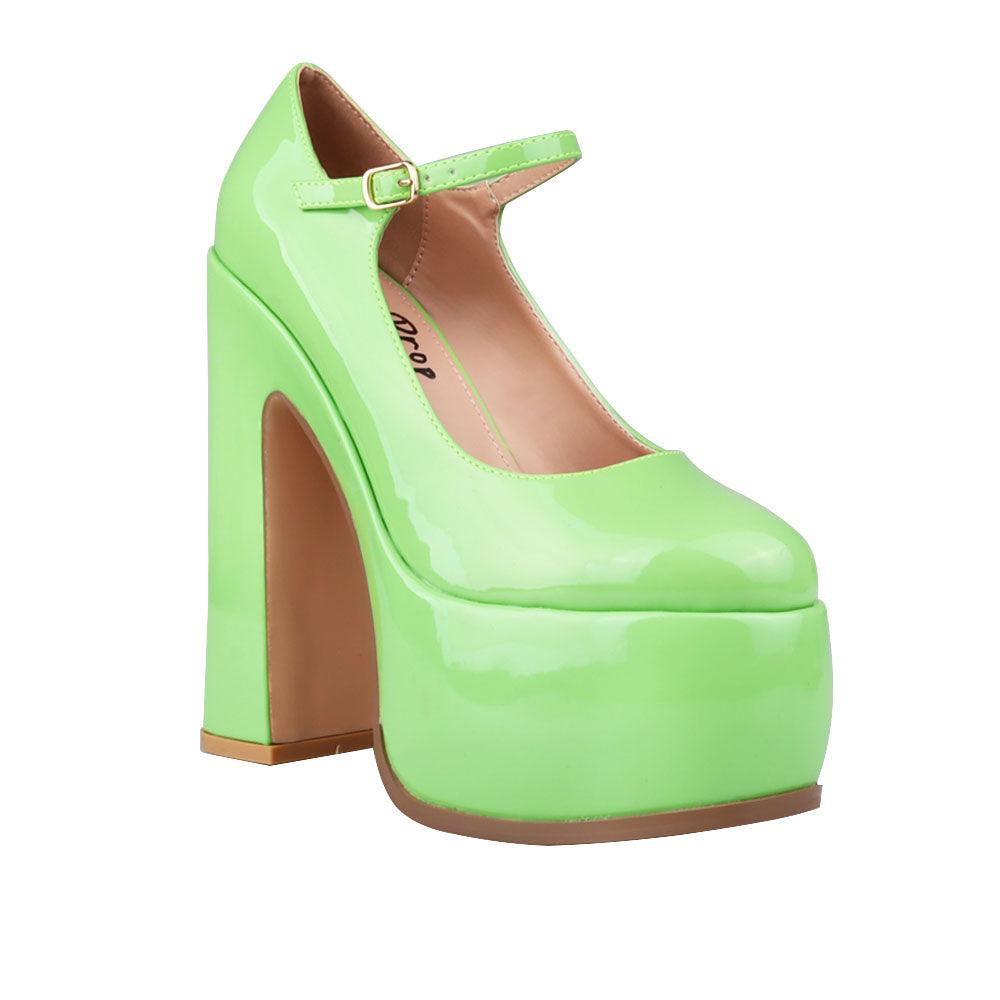 Vegan leather women's platform block heel in green-corner view