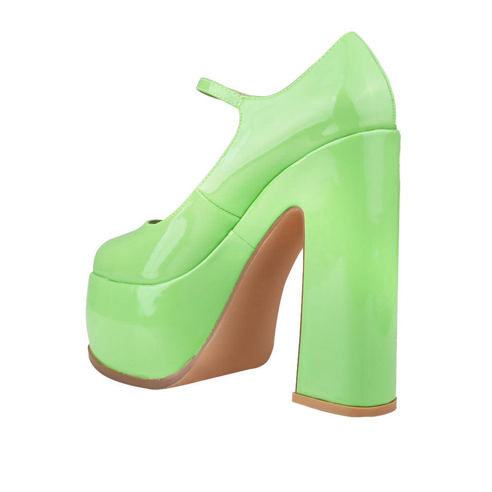 Vegan leather women's platform block heel in green-posterior view