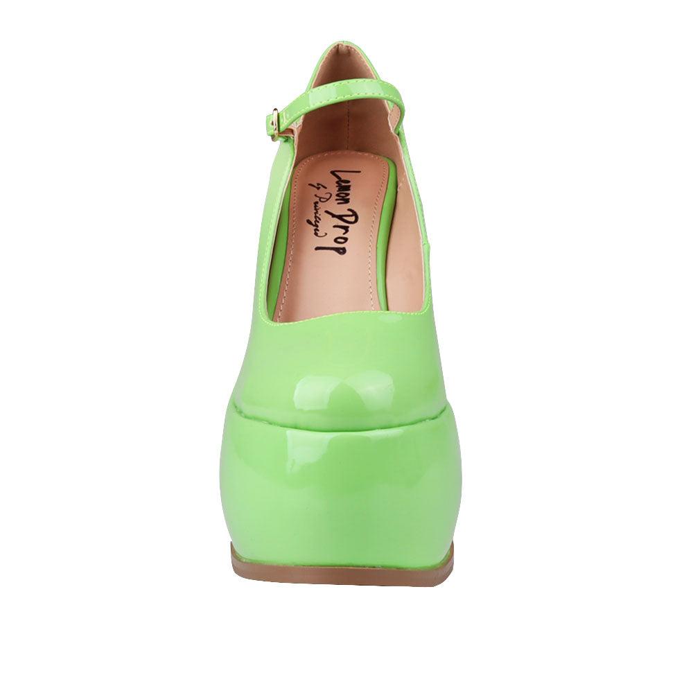 Vegan leather women's platform block heel in green-front view