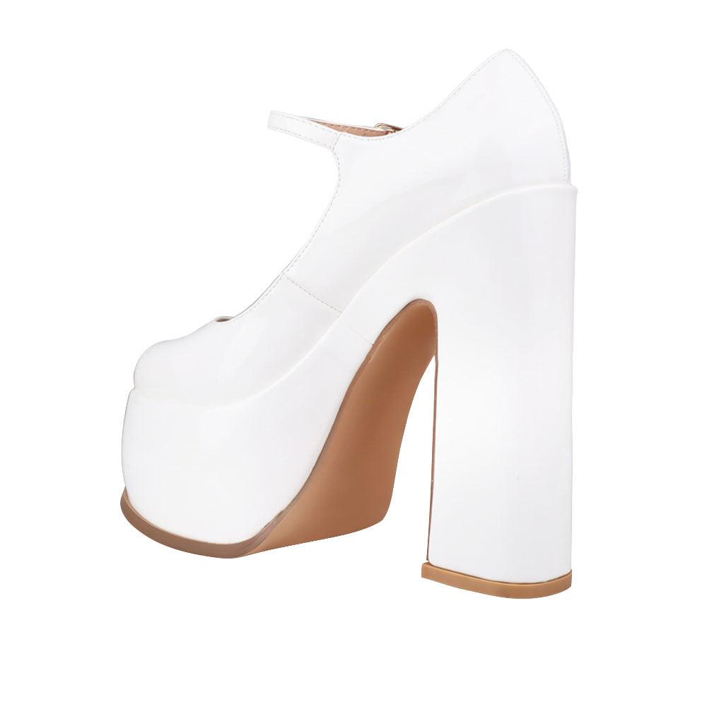 Vegan leather women's platform block heel in white-posterior view