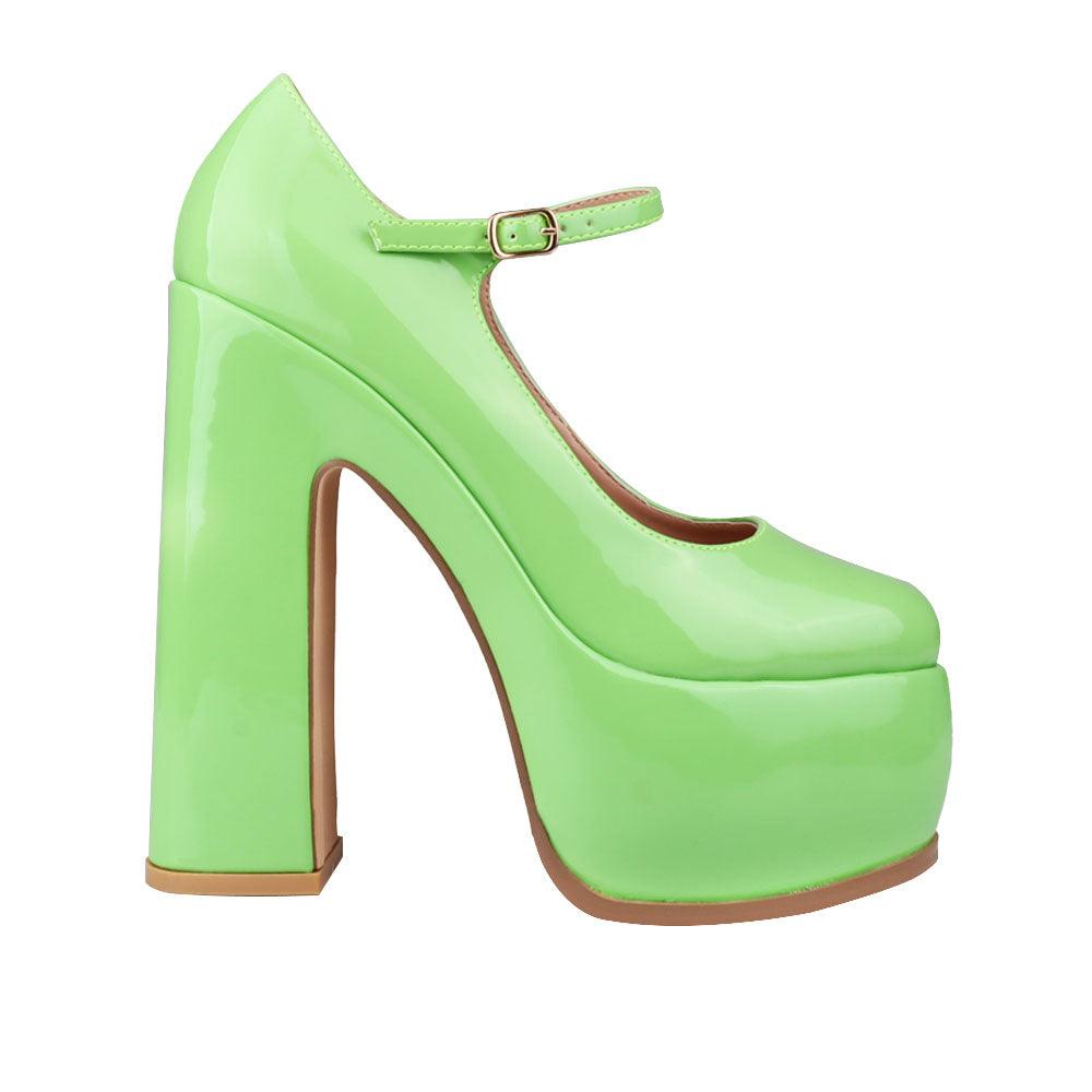 Vegan leather women's platform block heel in green-side view