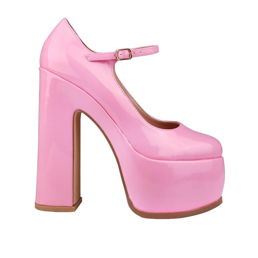 Vegan leather women's platform block heel in pink-side view