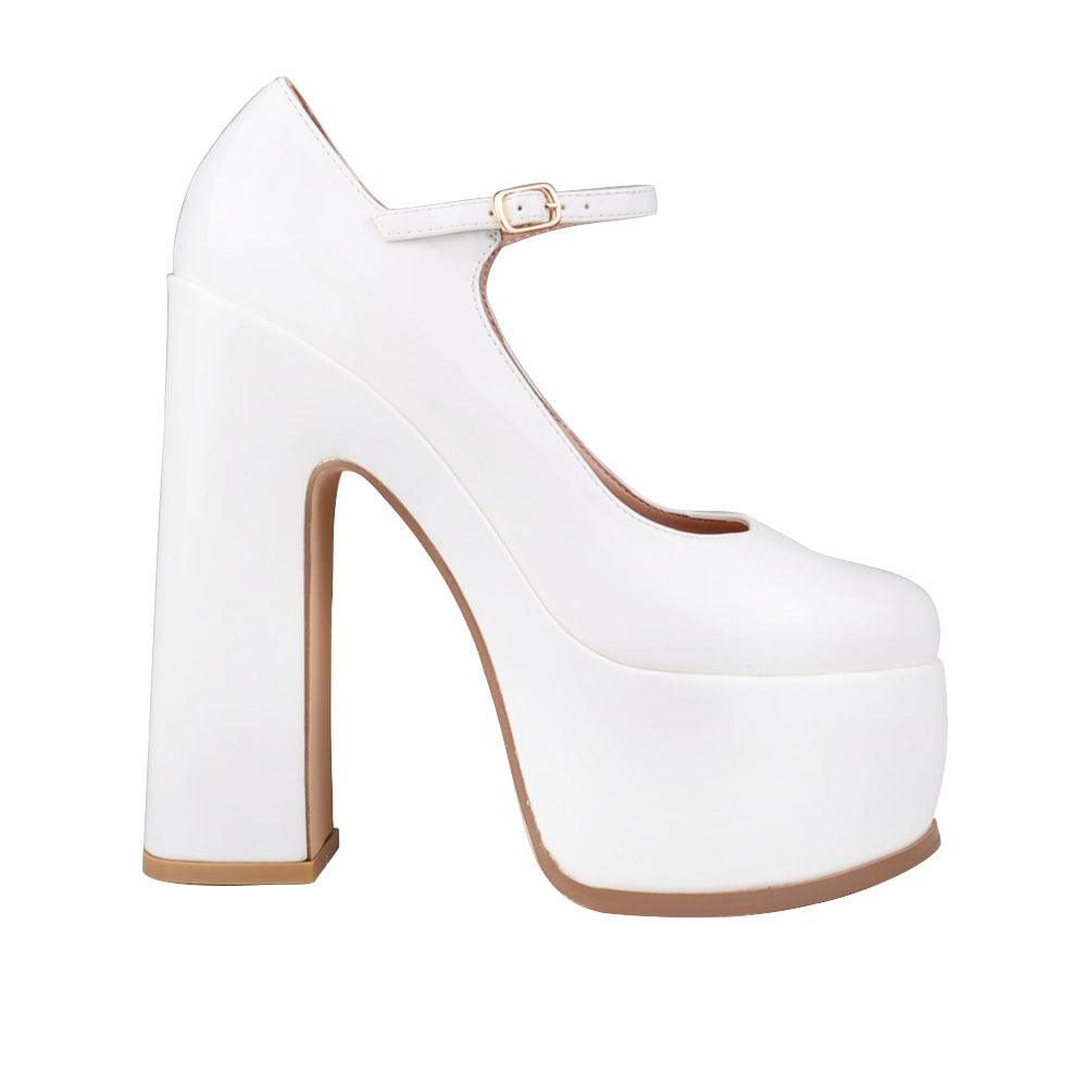 Vegan leather women's platform block heel in white-side view