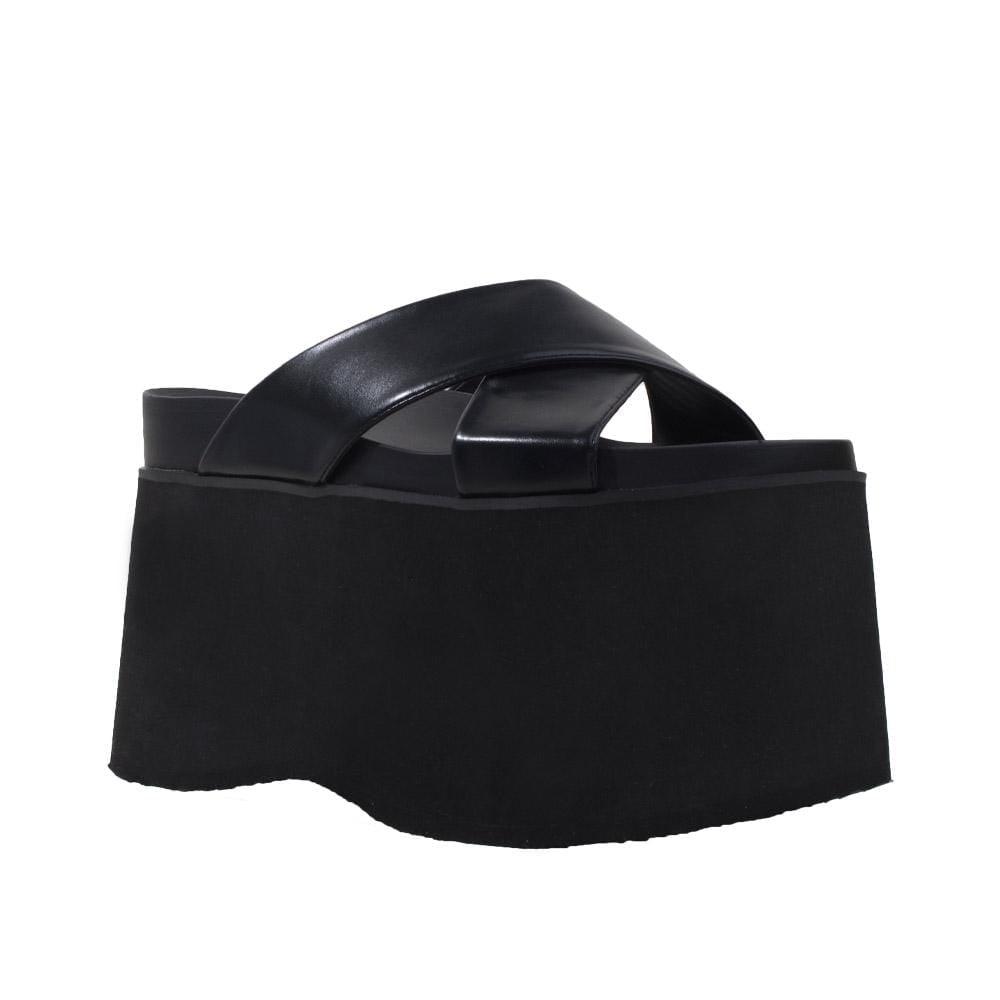 Vegan leather women's slip on wedge heel in black-corner view