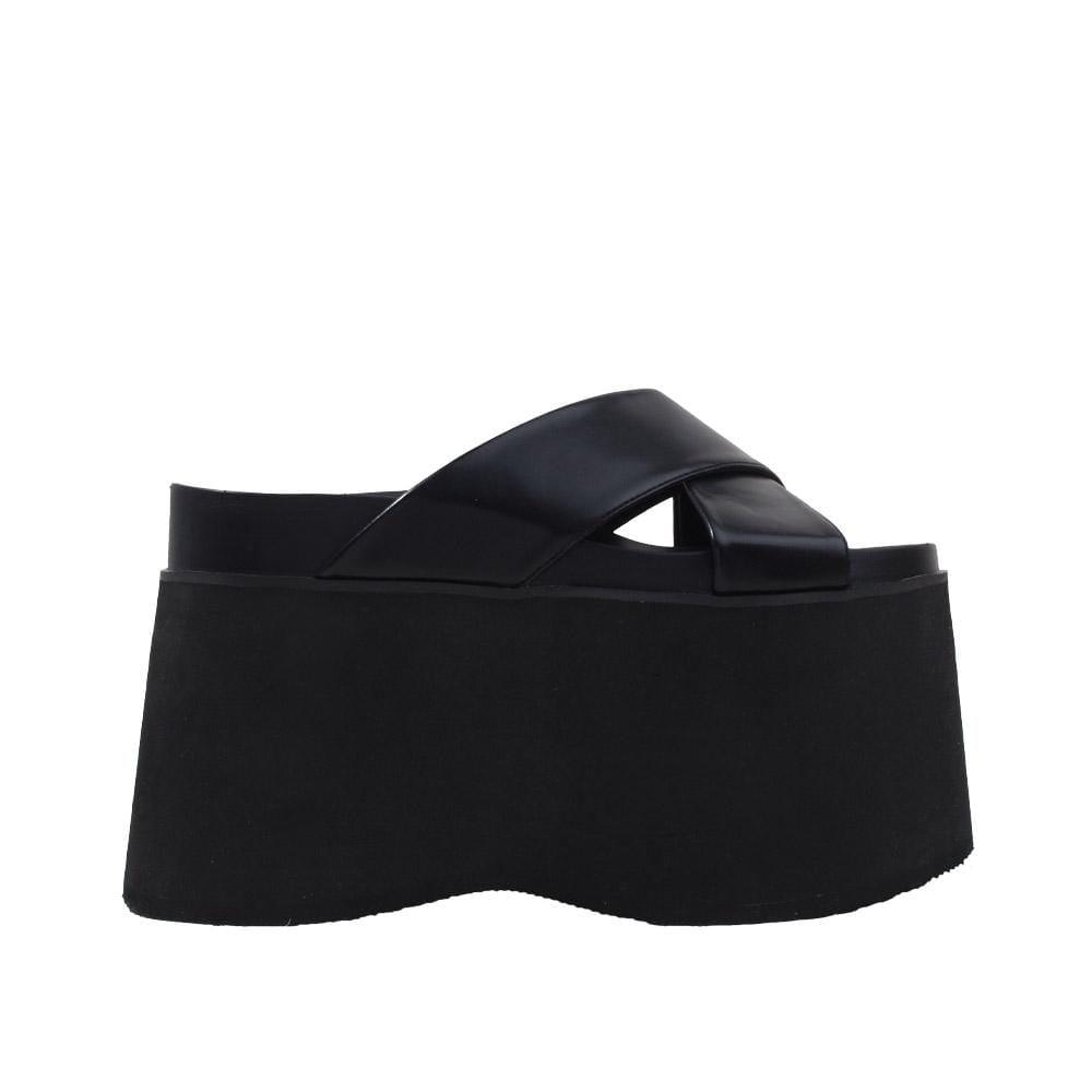 Vegan leather women's slip on wedge heel in black-side view