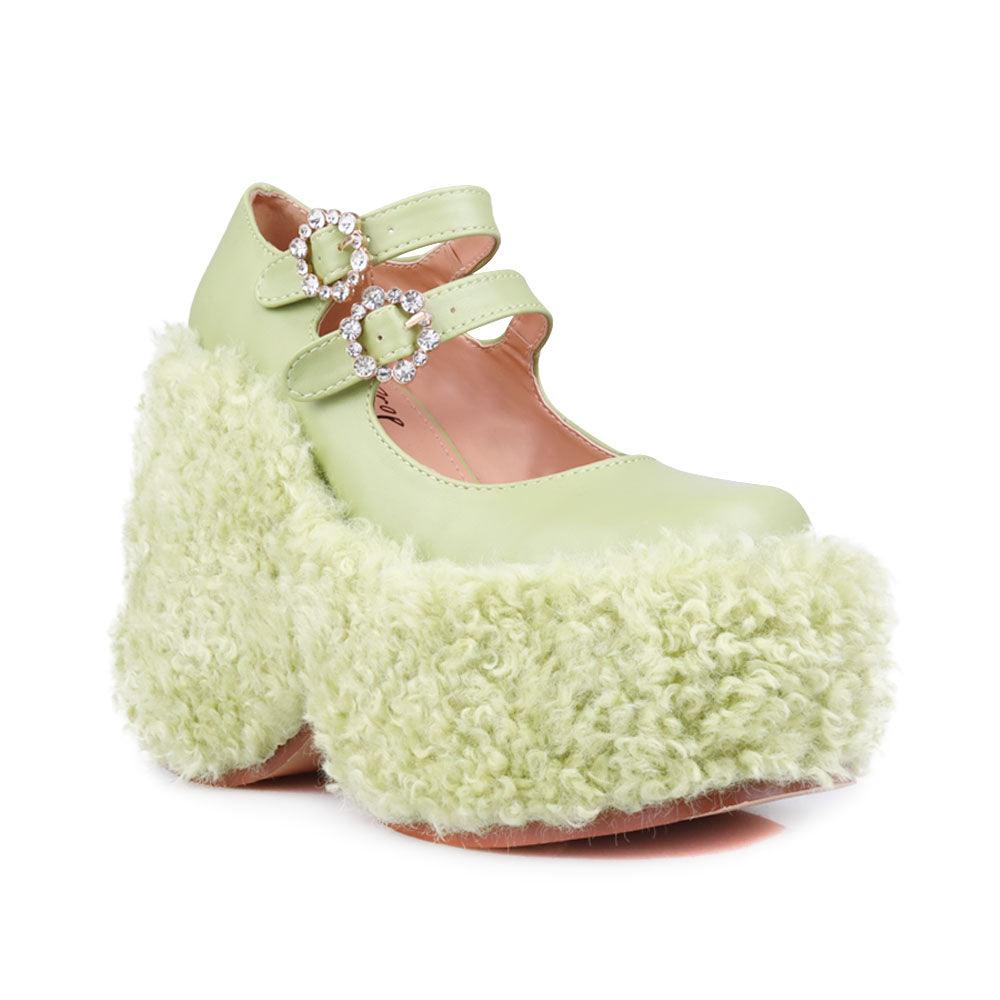 Women's shaggy wedge heel in green-corner view