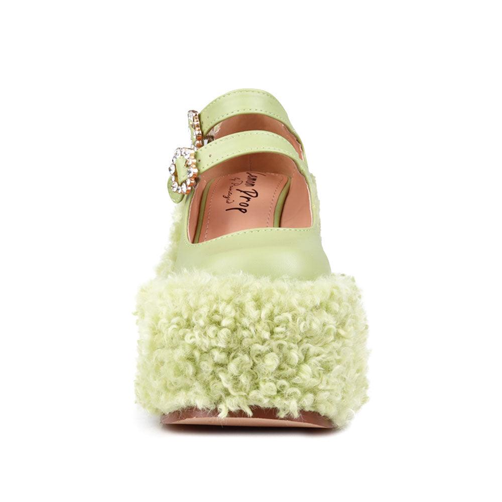 Women's shaggy wedge heel in green-front view