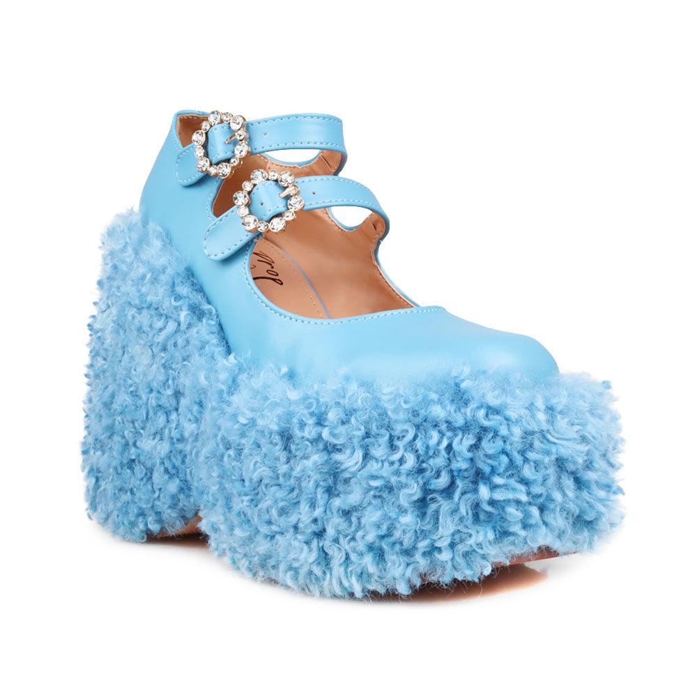 Women's shaggy wedge heel in turquoise-corner view