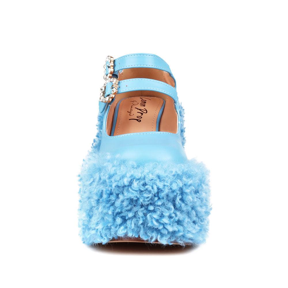 Women's shaggy wedge heel in turquoise-front view