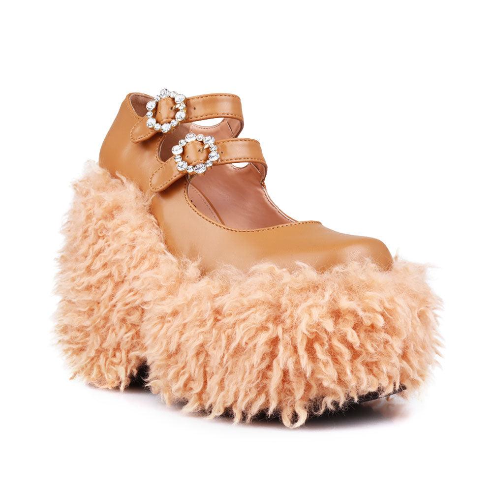 Women's shaggy wedge heel in nude-corner view