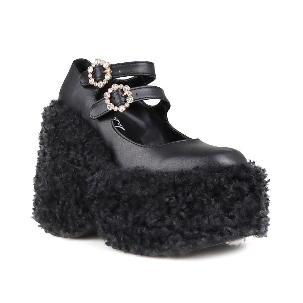 Women's shaggy wedge heel in black-corner view