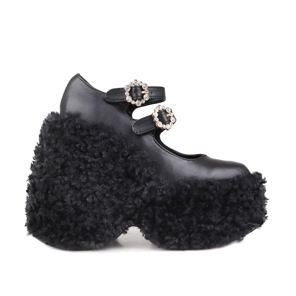 Women's shaggy wedge heel in black-side view