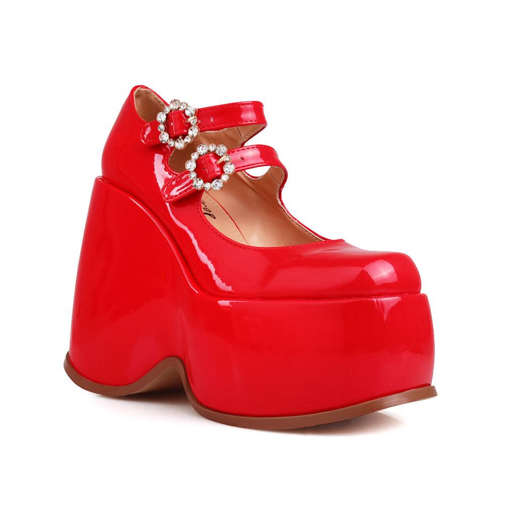 Vegan leather women's wedge heel in red-corner view