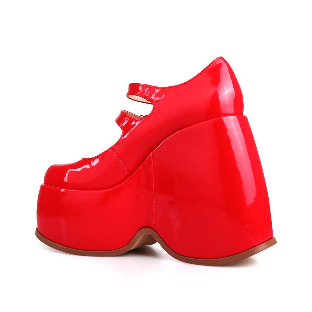 Vegan leather women's wedge heel in red-posterior view