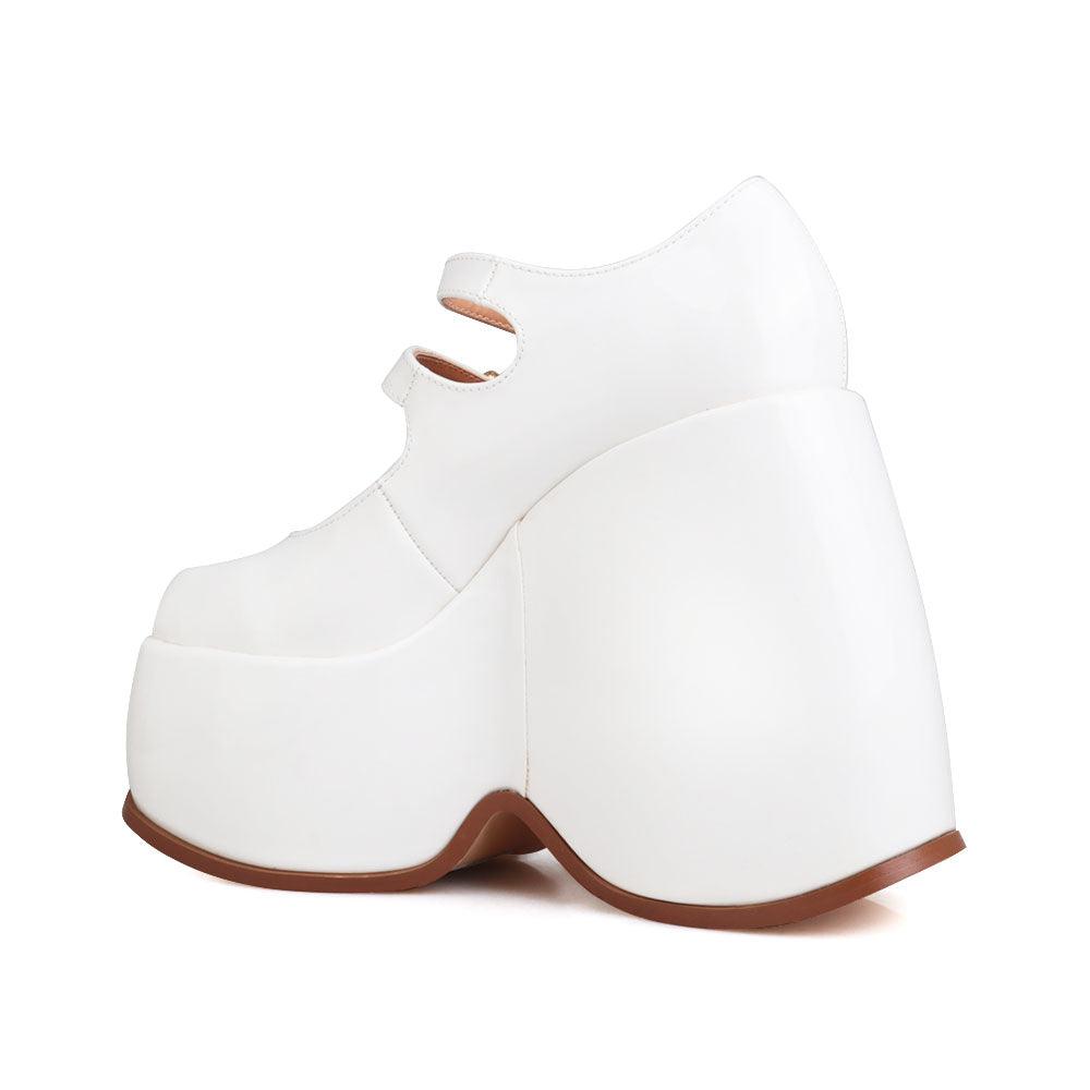 Vegan leather women's wedge heel in white-posterior view