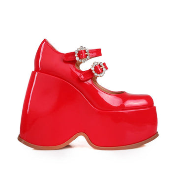 Vegan leather women's wedge heel in red-side view