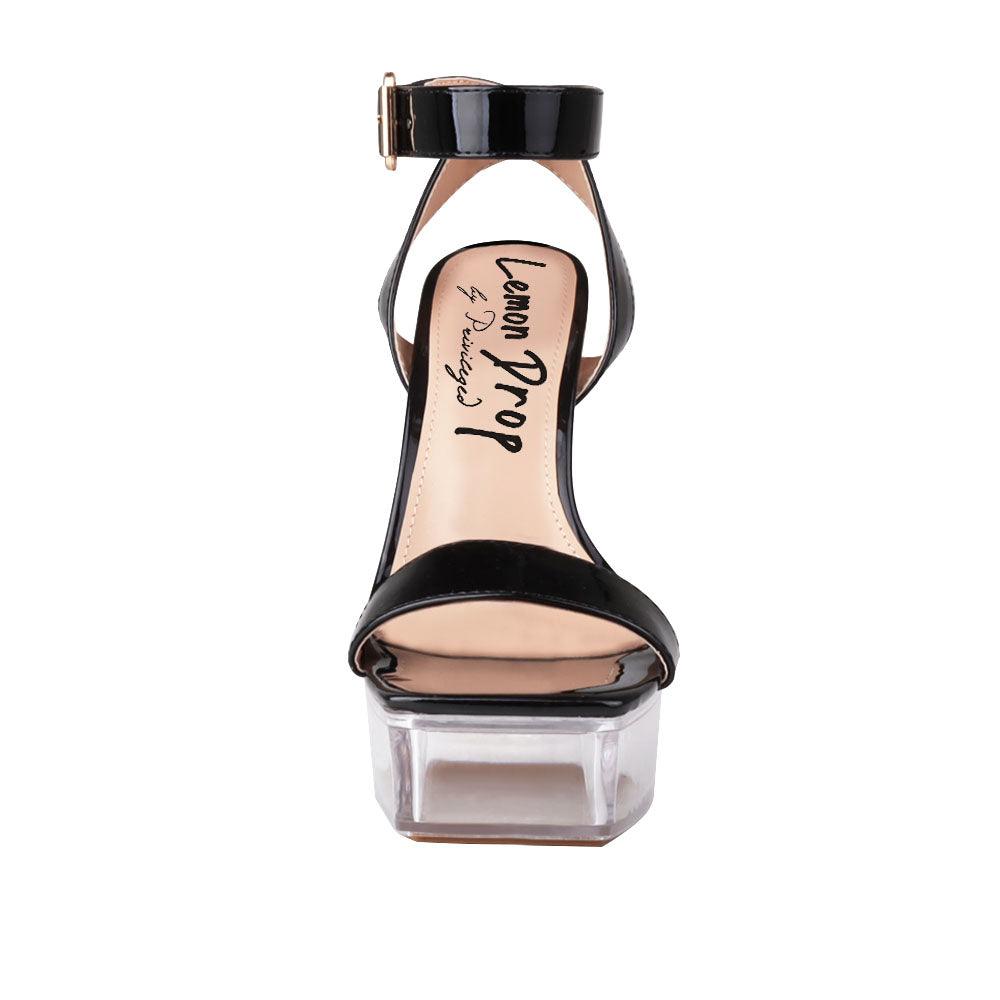 Transparent hexagon women's block heel in black-front view