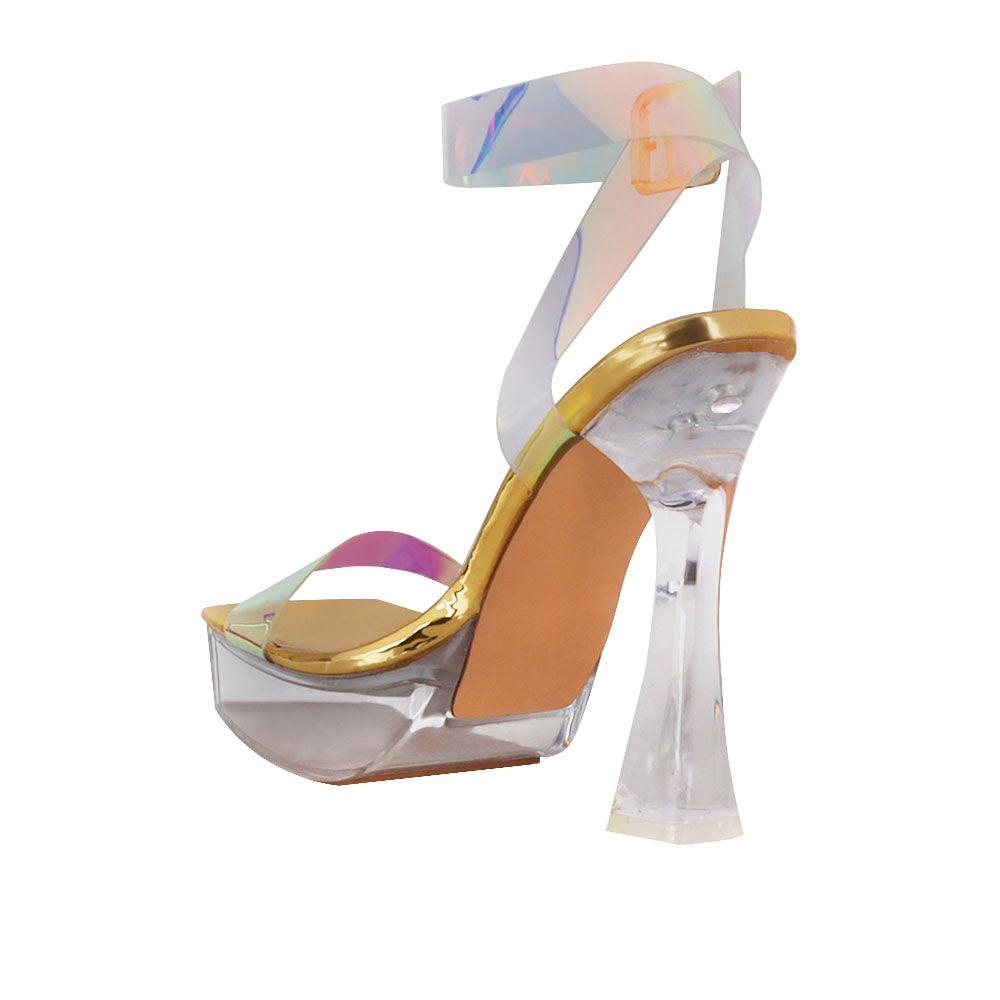 Transparent hexagon women's block heel in gold-posterior view