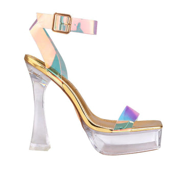 Transparent hexagon women's block heel in gold-side view